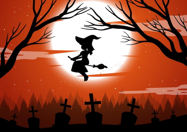 Gratis vector halloween nacht achtergrond met heks silhouet