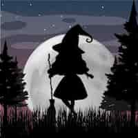 Gratis vector halloween nacht achtergrond met heks silhouet