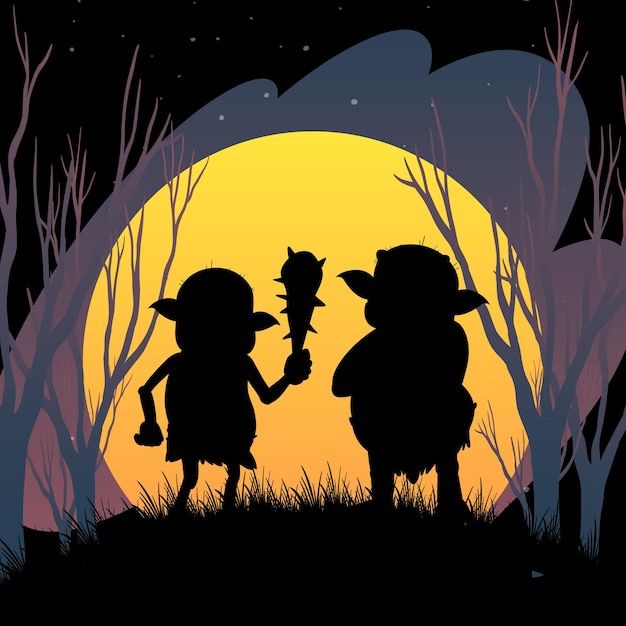 Halloween nacht achtergrond met trollen silhouet