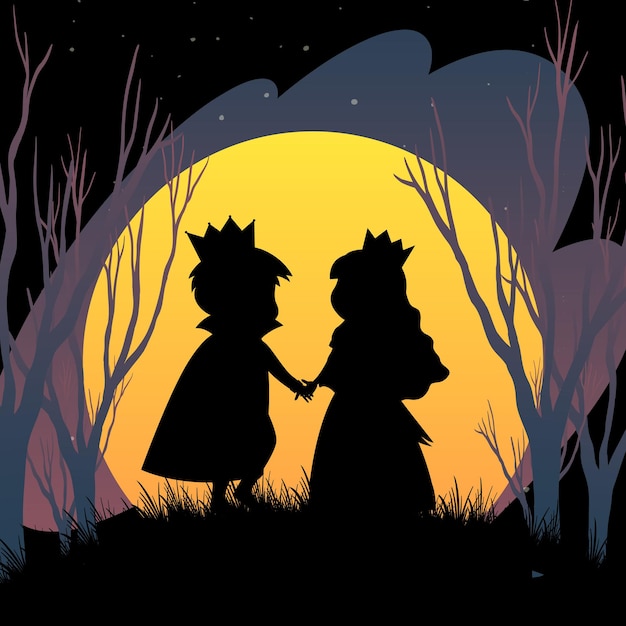 Gratis vector halloween-nachtachtergrond met prins en prinsessilhouet