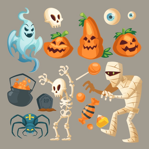 Halloween-objecten - enge geest, spookachtige mummie en donkere spin.