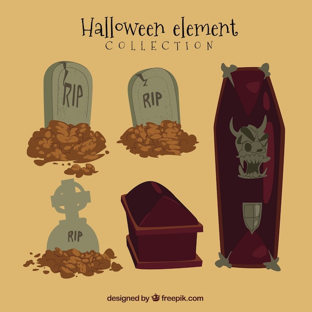 Gratis vector halloween pak met kisten en grafstenen