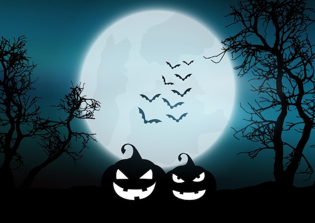 Gratis vector halloween-pompoenen in een maanverlicht mistig landschap