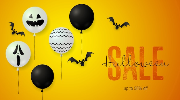 Halloween Sale-banner met enge ballonnen en vleermuizen