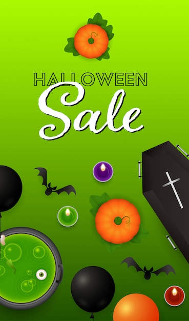 Halloween sale belettering met pompoenen, doodskist en drankje