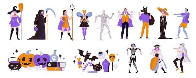 Gratis vector halloween set met geïsoleerde composities van verschillende feestelijke accessoires pompoenen en menselijke karakters die enge kostuums vectorillustratie dragen