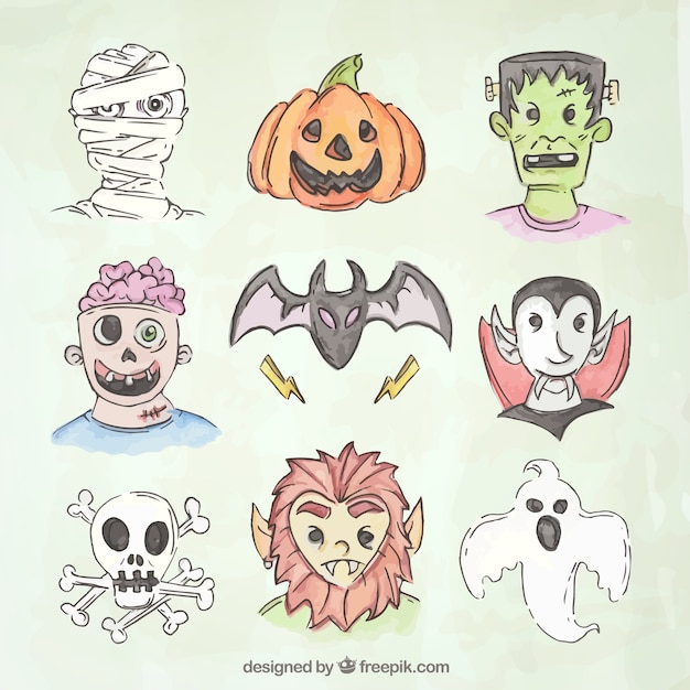 Gratis vector halloween set van schetsen karakter