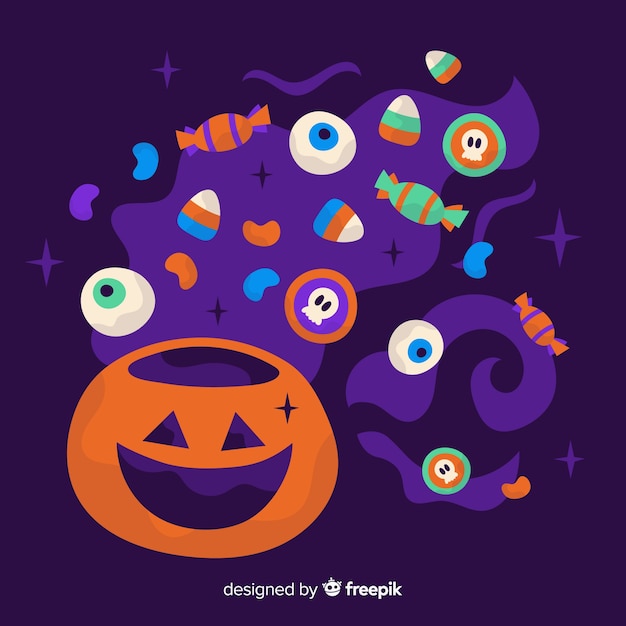 Gratis vector halloween-snoepjes achtercompositie in platte desing