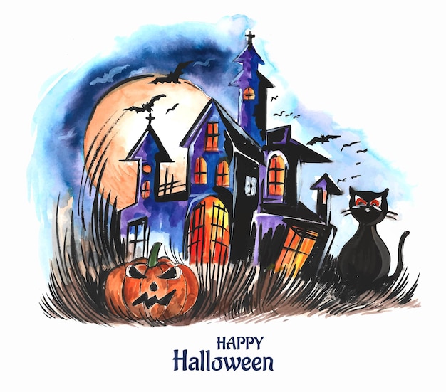 Halloween spookachtige huis aquarel pompoenen achtergrond