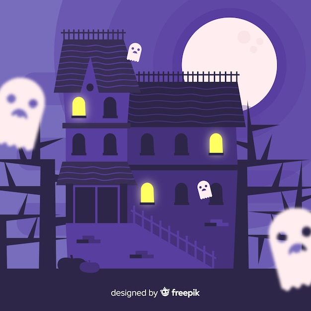 Gratis vector halloween-spookhuis met plat ontwerp