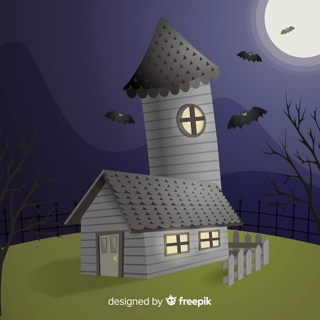 Gratis vector halloween-spookhuisachtergrond in vlak ontwerp