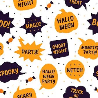 Halloween tekstballonnen. komische bubbels zwart en oranje kleur met tekst happy halloween, magie en feest, heks naadloze vector patroon. ghost night, spookachtig, trick or treat-bericht
