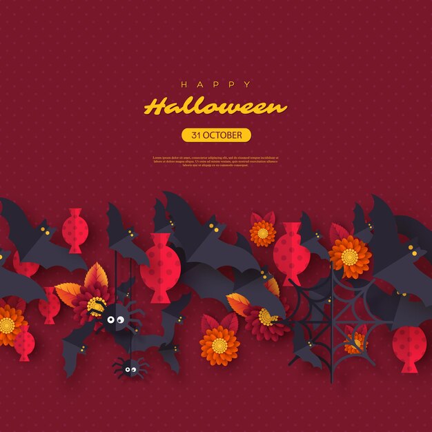 Halloween vakantie achtergrond. Papier gesneden stijl vliegende vleermuizen, snoep, bloemen en spinnen. Paarse kleur achtergrond met begroeting. Vector illustratie.