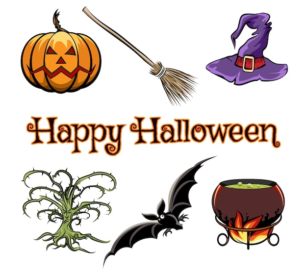 Halloween vector grafische elementen met pompoen, vleermuis en heksenhoed
