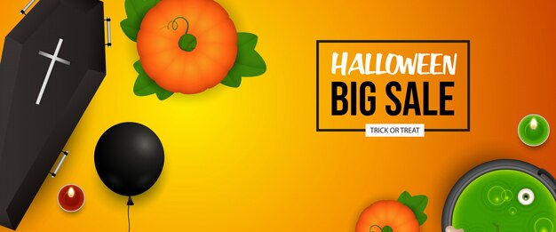 Halloween verkoop banner ontwerp met pompoen, doodskist