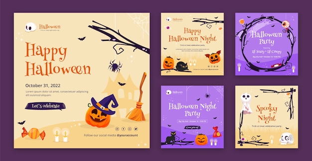 Halloween-viering plat ontwerp instagram posts collectie