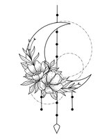 Halve maan dromenvanger met bloem doodle lijntekeningen
