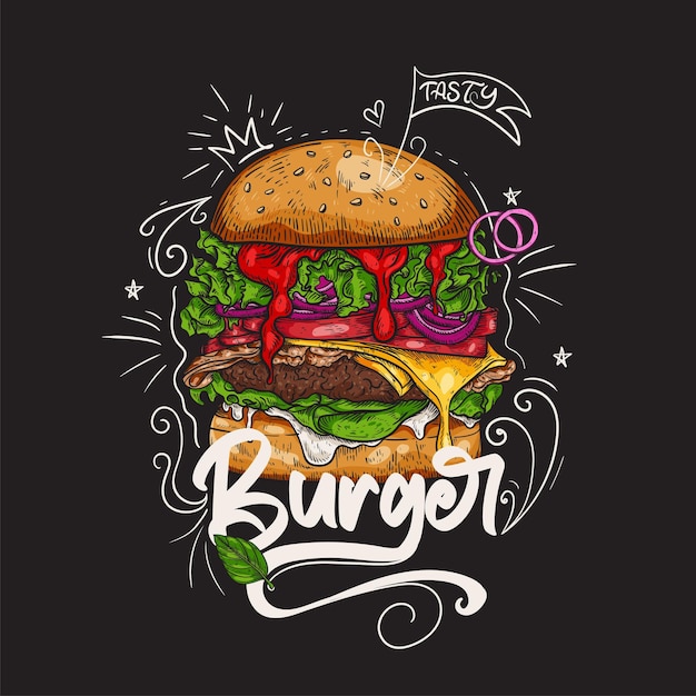 Hamburger fastfood concept Hand getrokken schets vectorillustratie