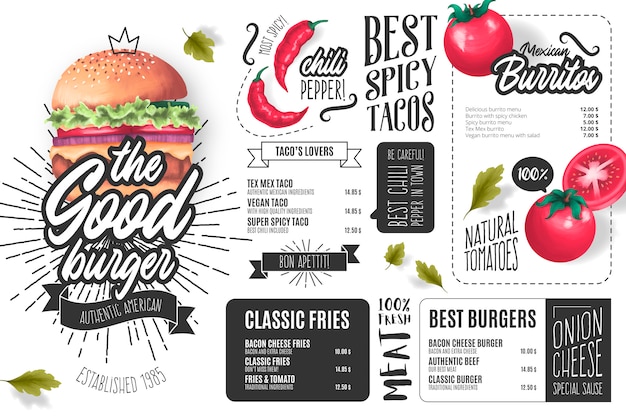 Gratis vector hamburger restaurant menusjabloon met illustraties