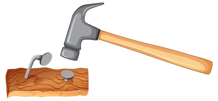 Gratis Vector hammer en spijkers op houten blok