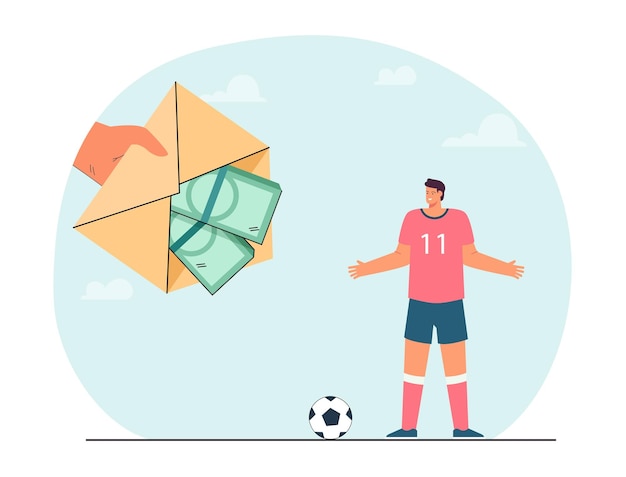 Gratis vector hand die geld in envelop aanbiedt aan voetballer. persoon die professionele sportman platte vectorillustratie koopt of omkoopt. sport, financiën, investeringsconcept voor banner of landingswebpagina