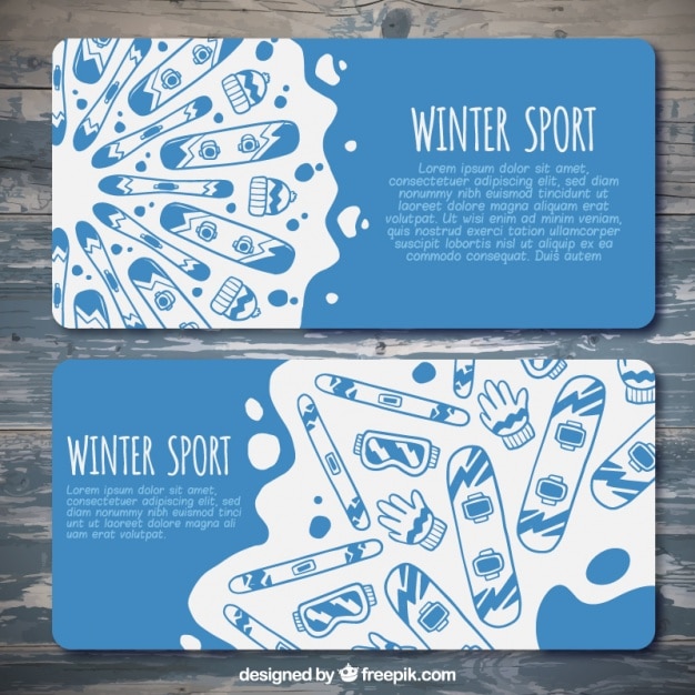 Gratis vector hand-drawn banners met snowboards en toebehoren