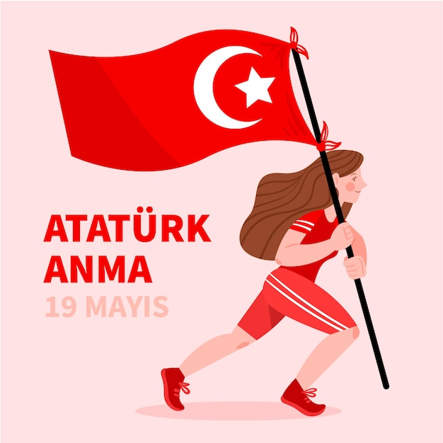 Hand drawnturkish herdenking van ataturk, jeugd en sportdag illustratie