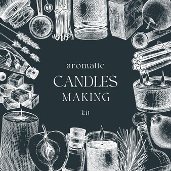 Hand geschetst kaarsen maken kaart ontwerp vintage kaarsen kruiden wax fruit specerijen spiesjes