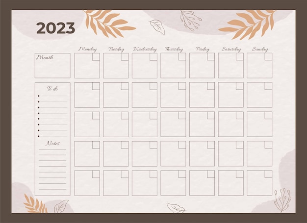 Hand getekend 2023 maandelijkse planner kalendersjabloon