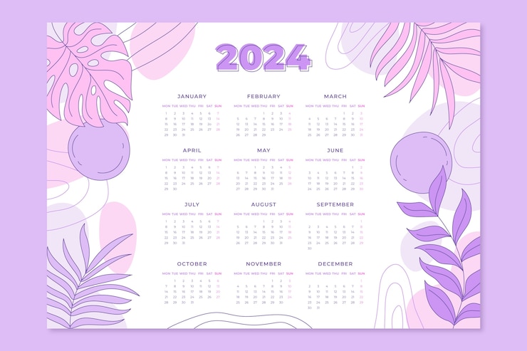 Gratis Vector hand getekend 2024 kalendersjabloon met bladeren en abstracte vormen