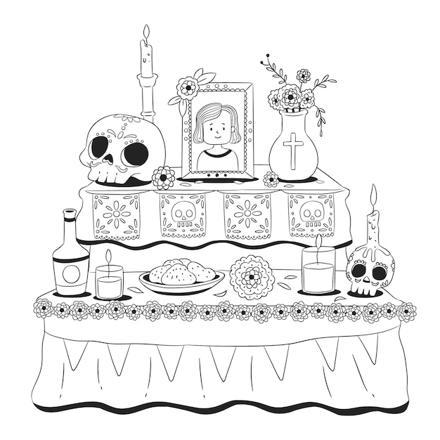 Gratis vector hand getekend altaar de muertos kleurplaat illustratie