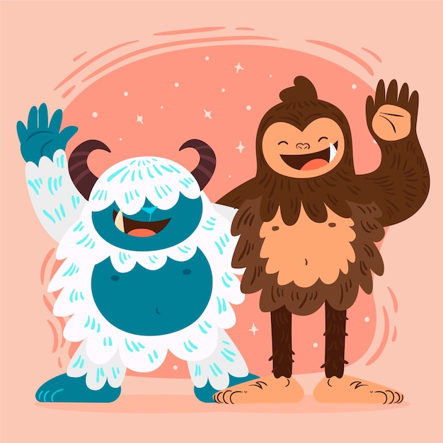 Hand getekend bigfoot sasquatch en yeti verschrikkelijke sneeuwpop illustratie