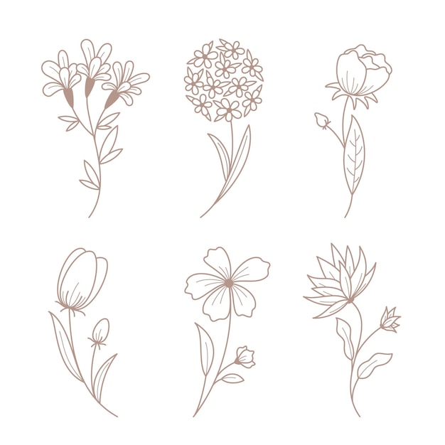 Gratis vector hand getekend bloemen met bladeren collectie