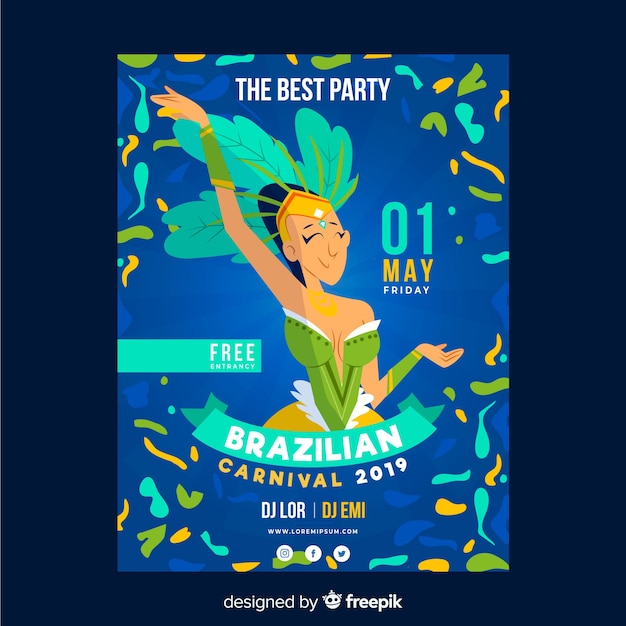 Gratis vector hand getekend braziliaanse carnaval danser partij poster