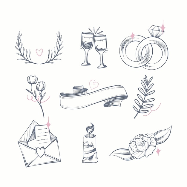 Gratis vector hand getekend bruiloft ornament pack