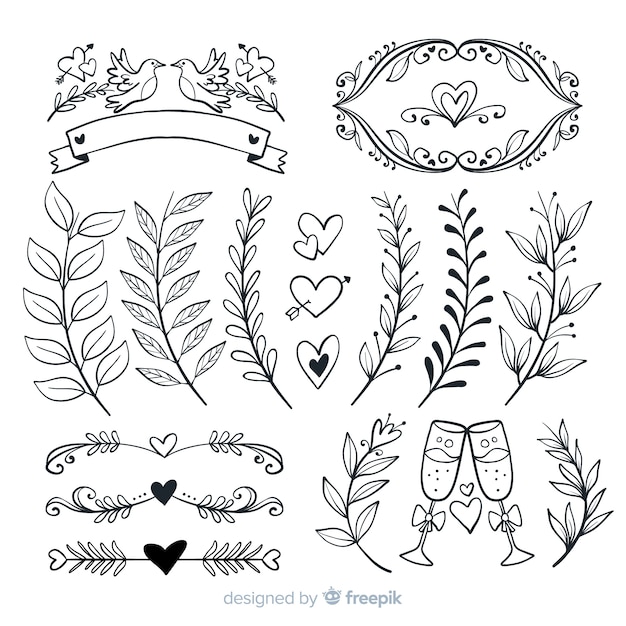 Gratis vector hand getekend bruiloft ornamenten collectie