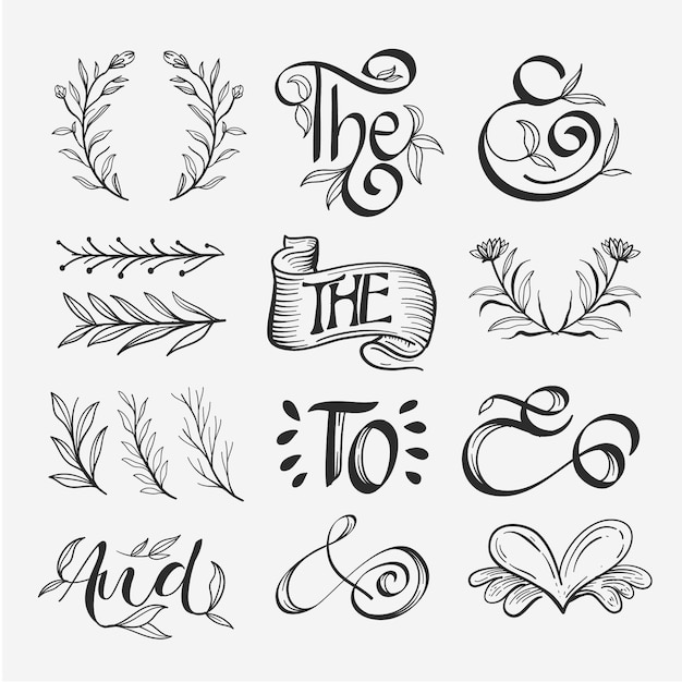 Gratis vector hand getekend bruiloft ornamenten collectie