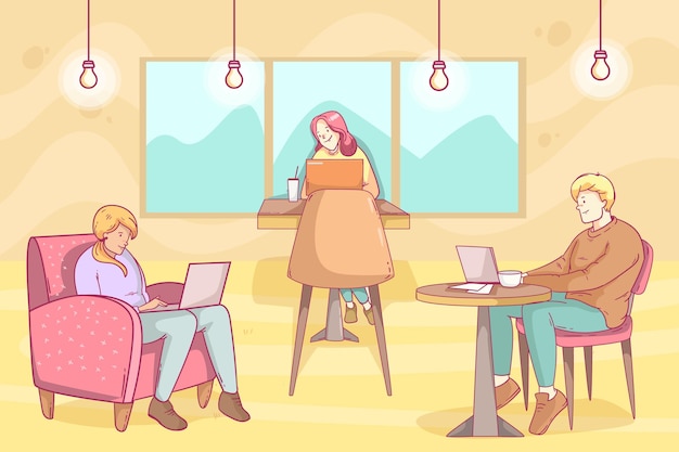 Gratis vector hand getekend coworking space illustratie