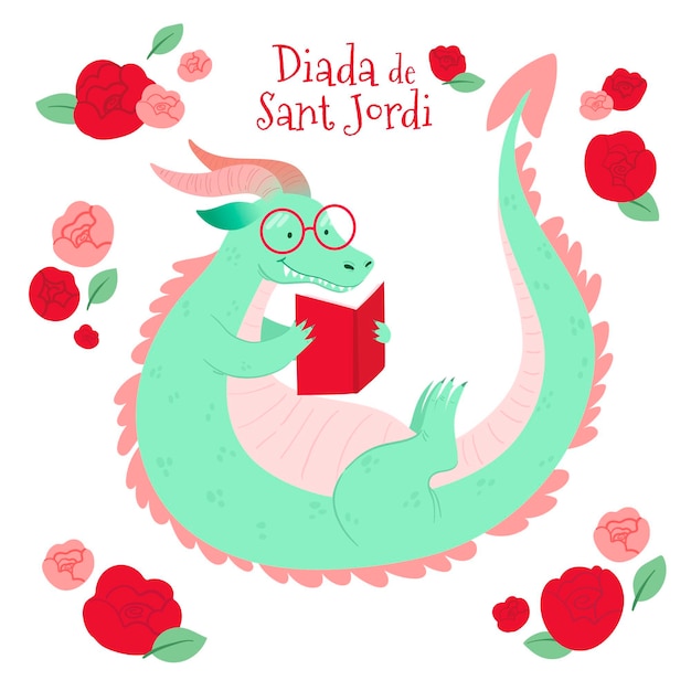 Gratis vector hand getekend diada de sant jordi illustratie met draak leesboek