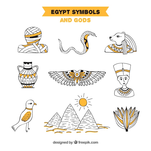 Gratis vector hand getekend egyptische goden en symbolen collectie