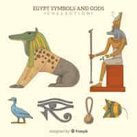 Gratis vector hand getekend egyptische symbolen en goden collectie