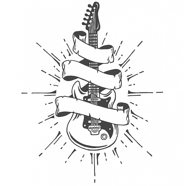 Gratis vector hand getekend elektrische gitaar met lint en tekst. heavy metal-stijl.