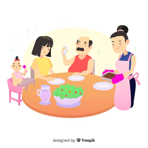 Gratis vector hand getekend familie zit rond de tafel