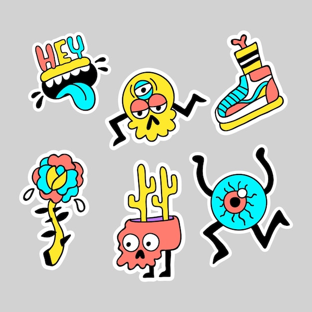 Gratis vector hand getekend grappige sticker collectie