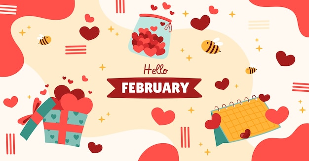 Gratis vector hand getekend hallo februari social media postsjabloon