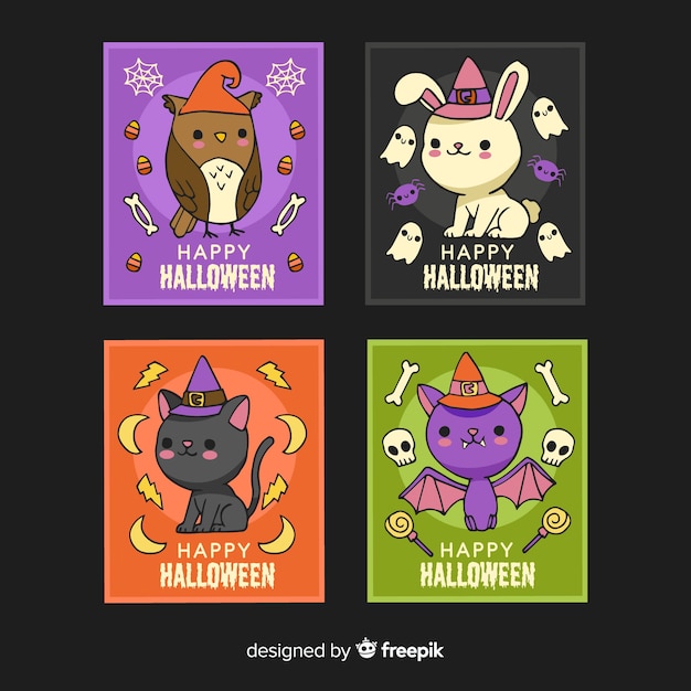 Hand getekend halloween dieren kaart collectie