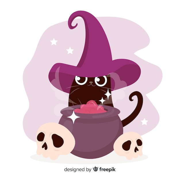 Gratis vector hand getekend halloween kat en heks pot