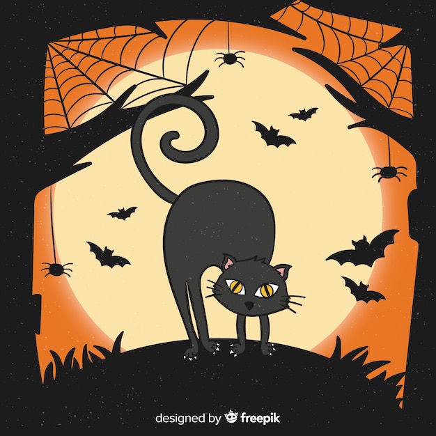 Gratis vector hand getekend halloween kat en vleermuizen