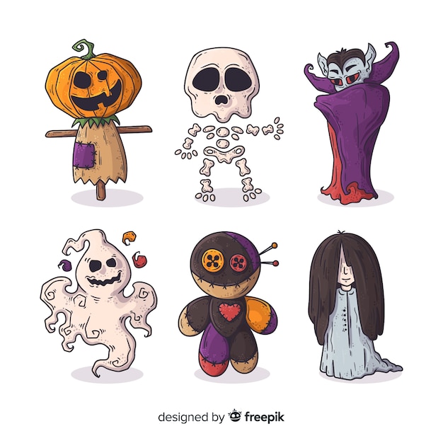 Gratis vector hand getekend halloween monster character collection