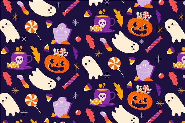 Gratis vector hand getekend halloween patroon met pompoen en spook